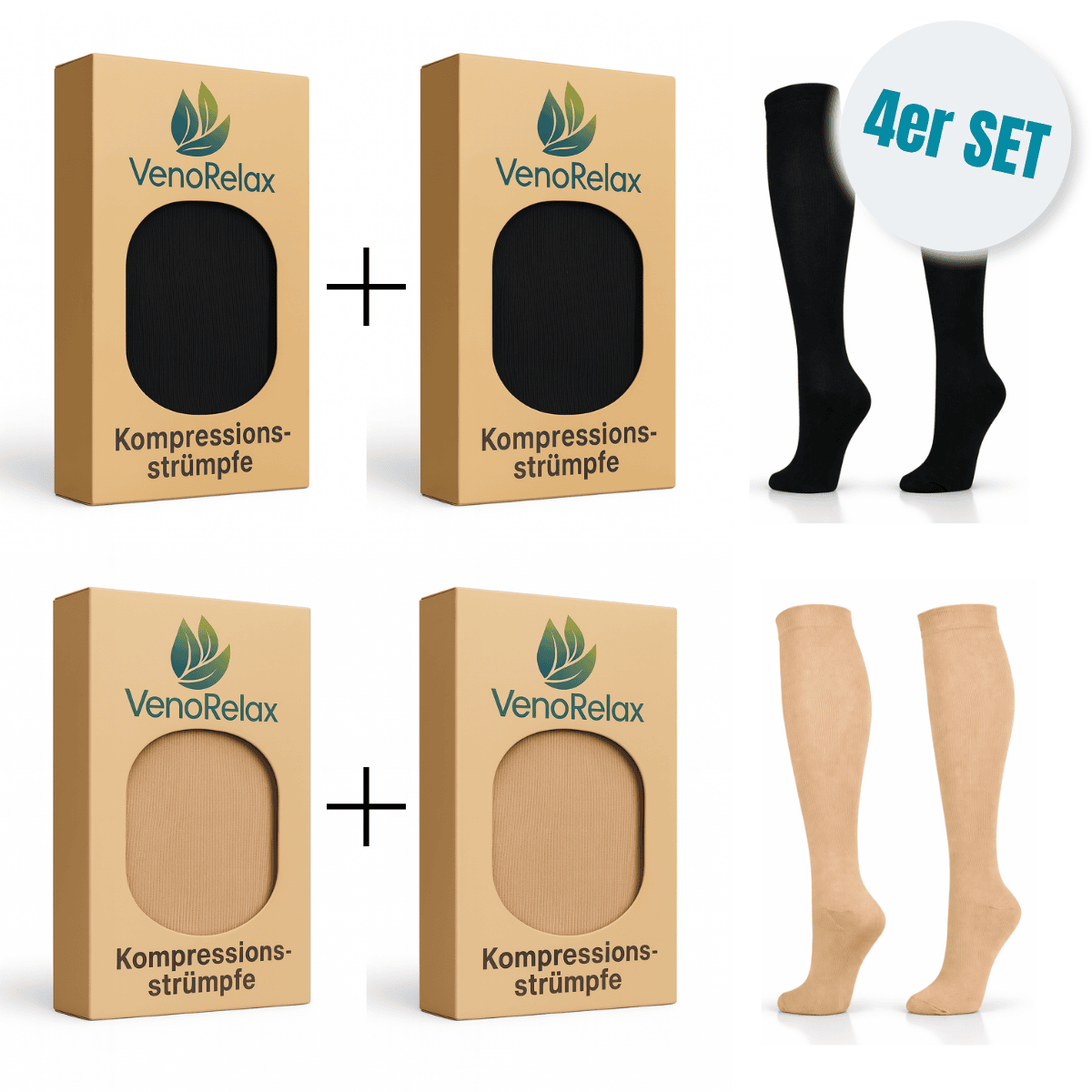 2+2_SHOP_sw+nat Der neutrale "SET4 schwarz-beige" 2xDN1X 2xDN5X Kompressionsstrumpf – Bild 1